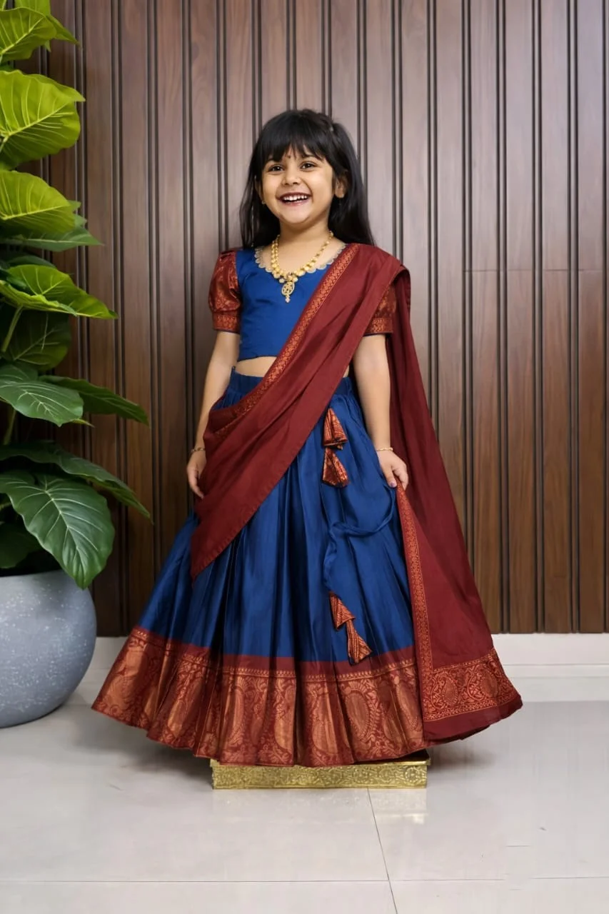 Royal Blue Lichi Silk Kids Lehenga